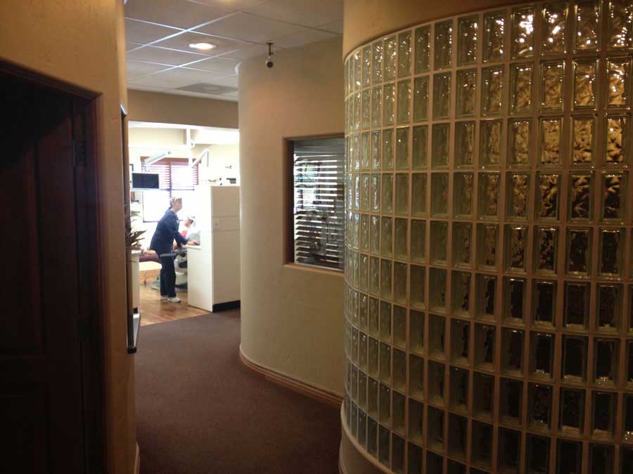 Glass-block architectural wall inside the Grand Junction office hallway